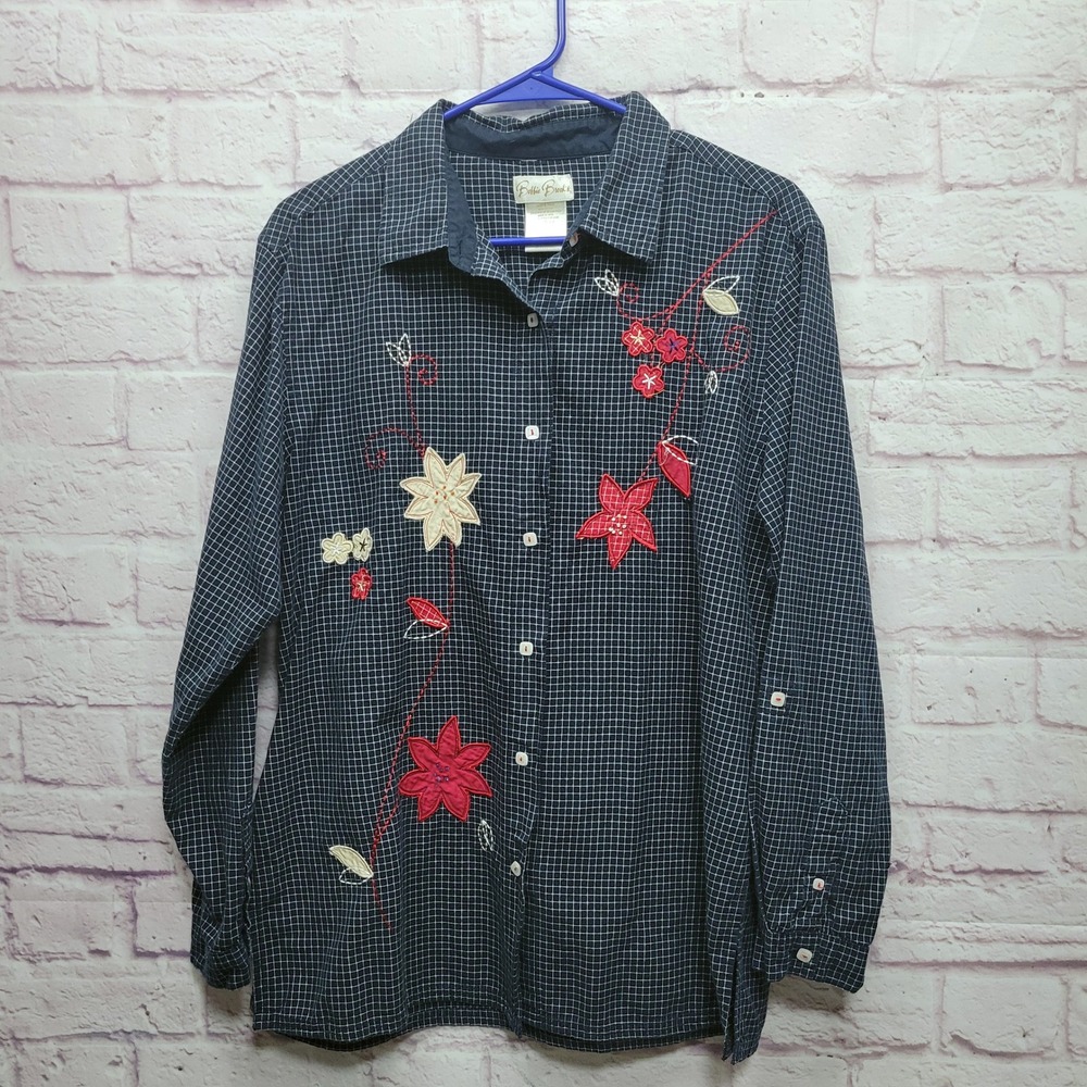 Bobbie Brooks Floral Embroidered Plaid Button Shirt Sz L Retro Country Holiday‎
